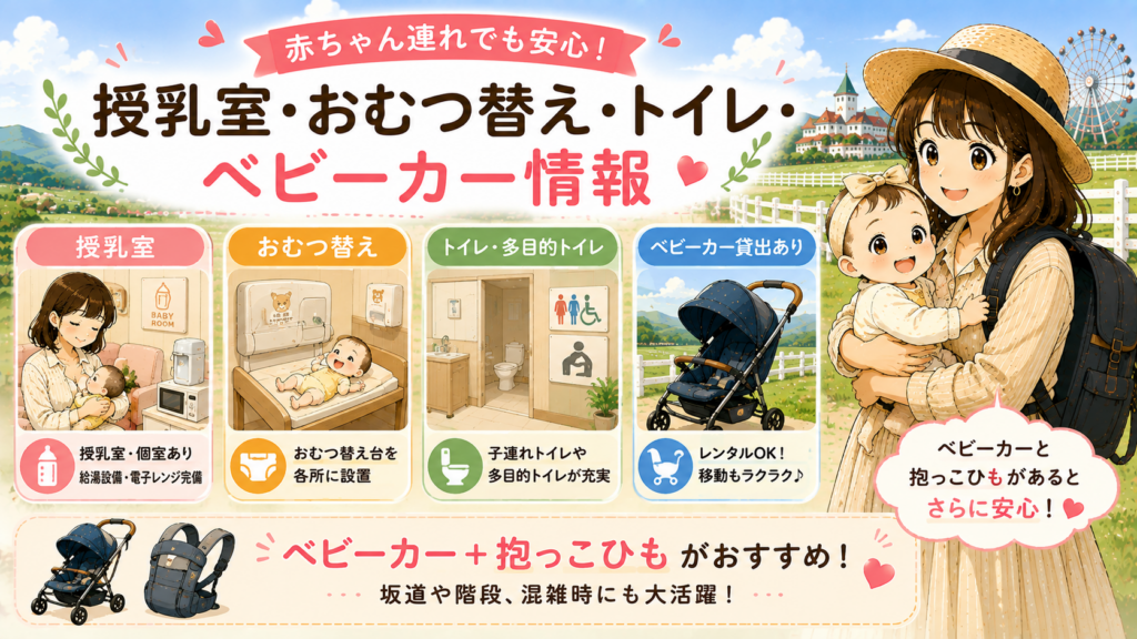 マザー牧場の授乳室やおむつ替え、多目的トイレ、ベビーカー貸し出しを紹介する見出し画像