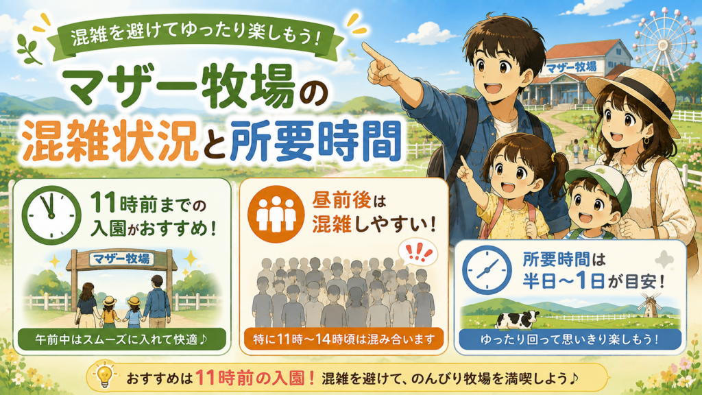 マザー牧場の混雑しやすい時間帯と半日から1日の所要時間を紹介する見出し画像
