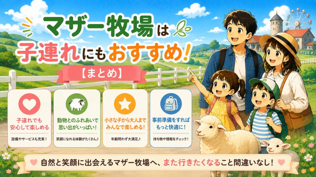 マザー牧場が子連れにもおすすめで、動物とのふれあいや年齢別の楽しみ方をまとめた見出し画像