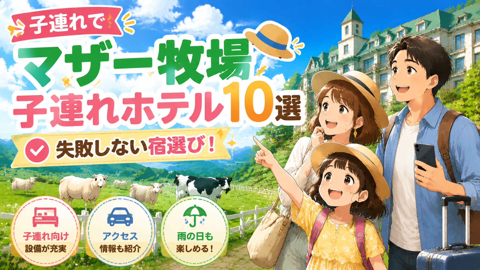 子連れでマザー牧場へ行く家族におすすめの周辺ホテルを紹介するイラスト