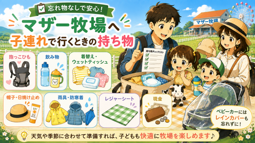 マザー牧場へ子連れで行くときの抱っこひもや飲み物、着替え、雨具などの持ち物を紹介する見出し画像