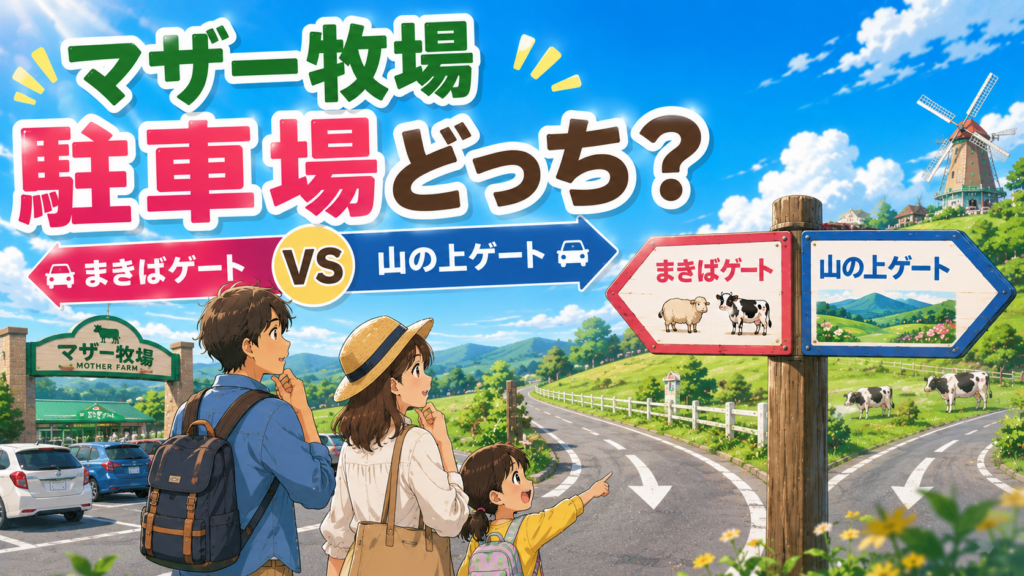 マザー牧場のまきばゲートと山の上ゲートの駐車場を子連れ目線で比較するイメージ