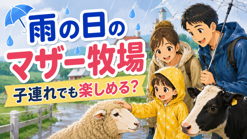 雨の日のマザー牧場でレインコート姿の子どもと両親が羊や牛とのふれあいを楽しむ様子