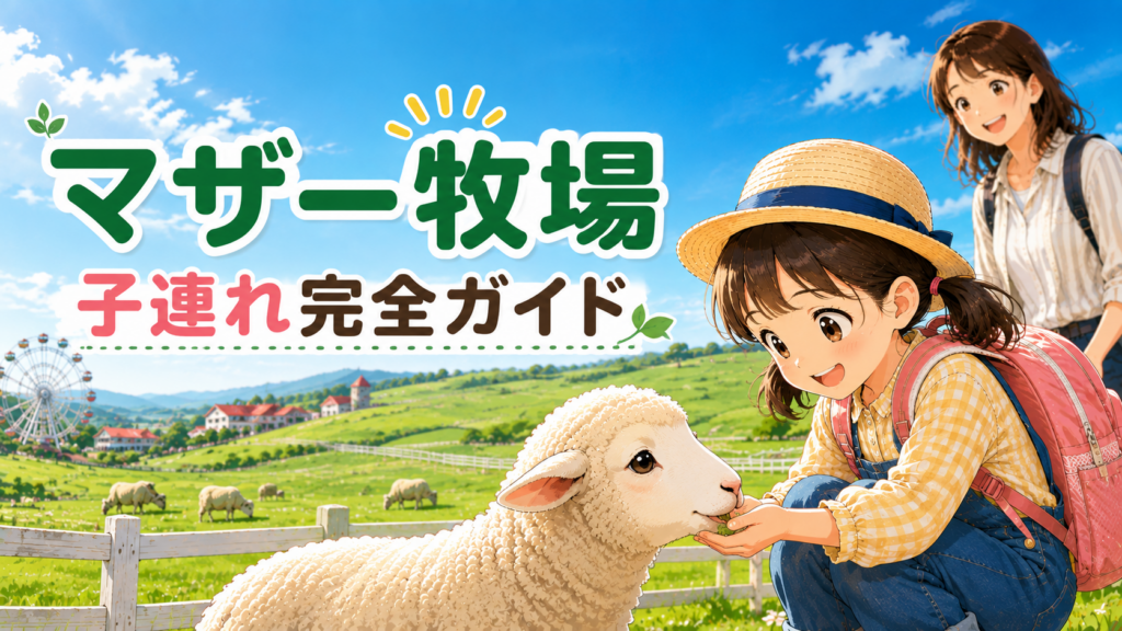 マザー牧場で羊にエサをあげる子どもと見守る母親を描いた子連れ完全ガイドのアイキャッチ画像