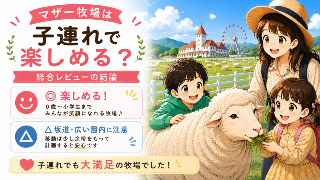 マザー牧場は子連れでも楽しめる一方で坂道や広い園内に注意が必要と伝える総合レビュー画像