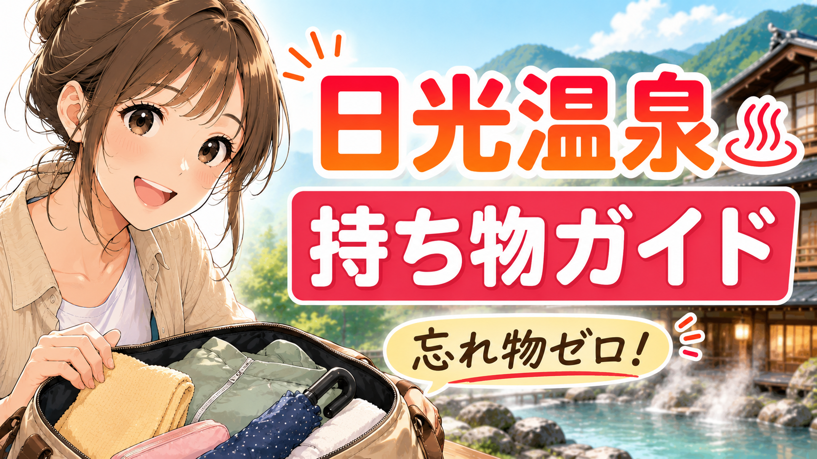 日光温泉旅行の持ち物をバッグに準備する女性と露天風呂