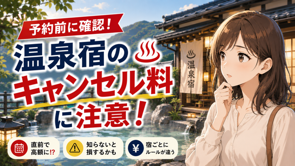 温泉宿のキャンセル料に注意する旅行者のイラスト