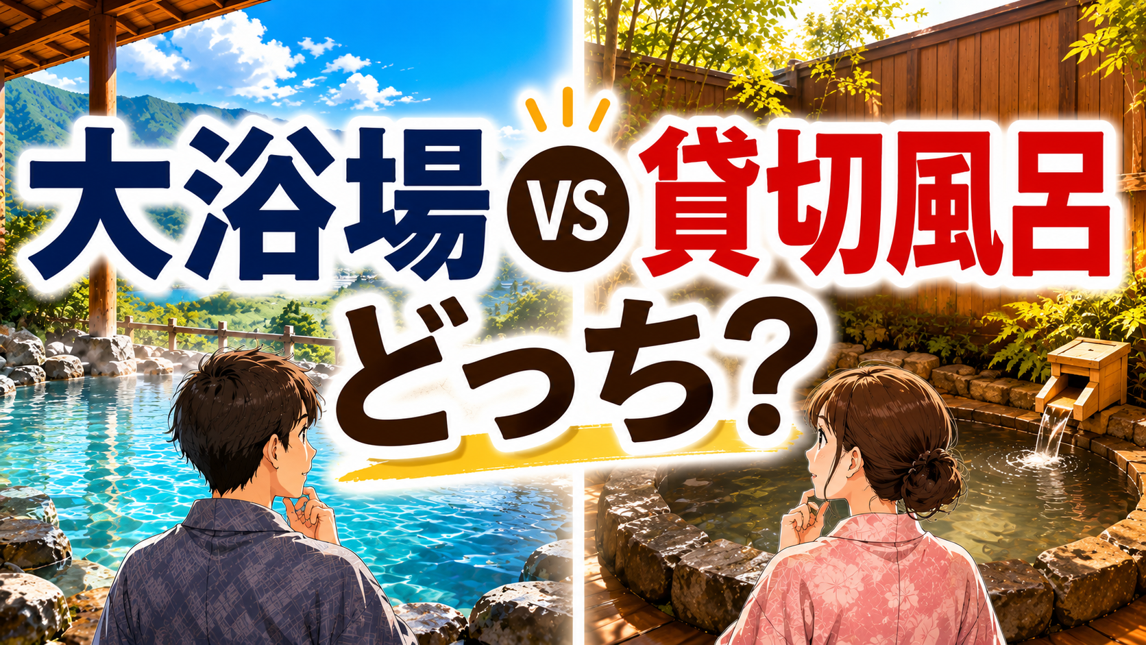 温泉宿の大浴場と貸切風呂を比較するアイキャッチ画像
