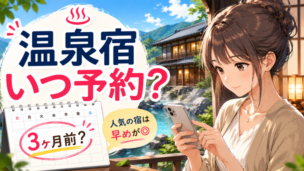 温泉宿の予約時期をスマホで確認する女性と、3か月前を示すカレンダーのイラスト
