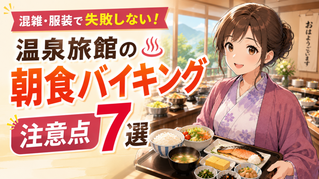 温泉旅館の朝食バイキングで注意点を確認する浴衣姿の女性