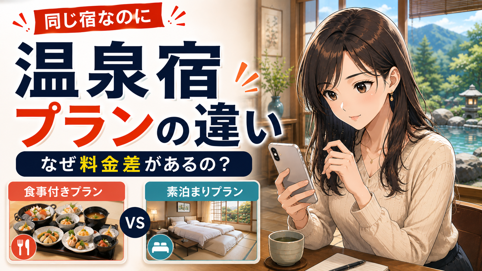 温泉宿の食事付きプランと素泊まりプランの違いを比較する女性