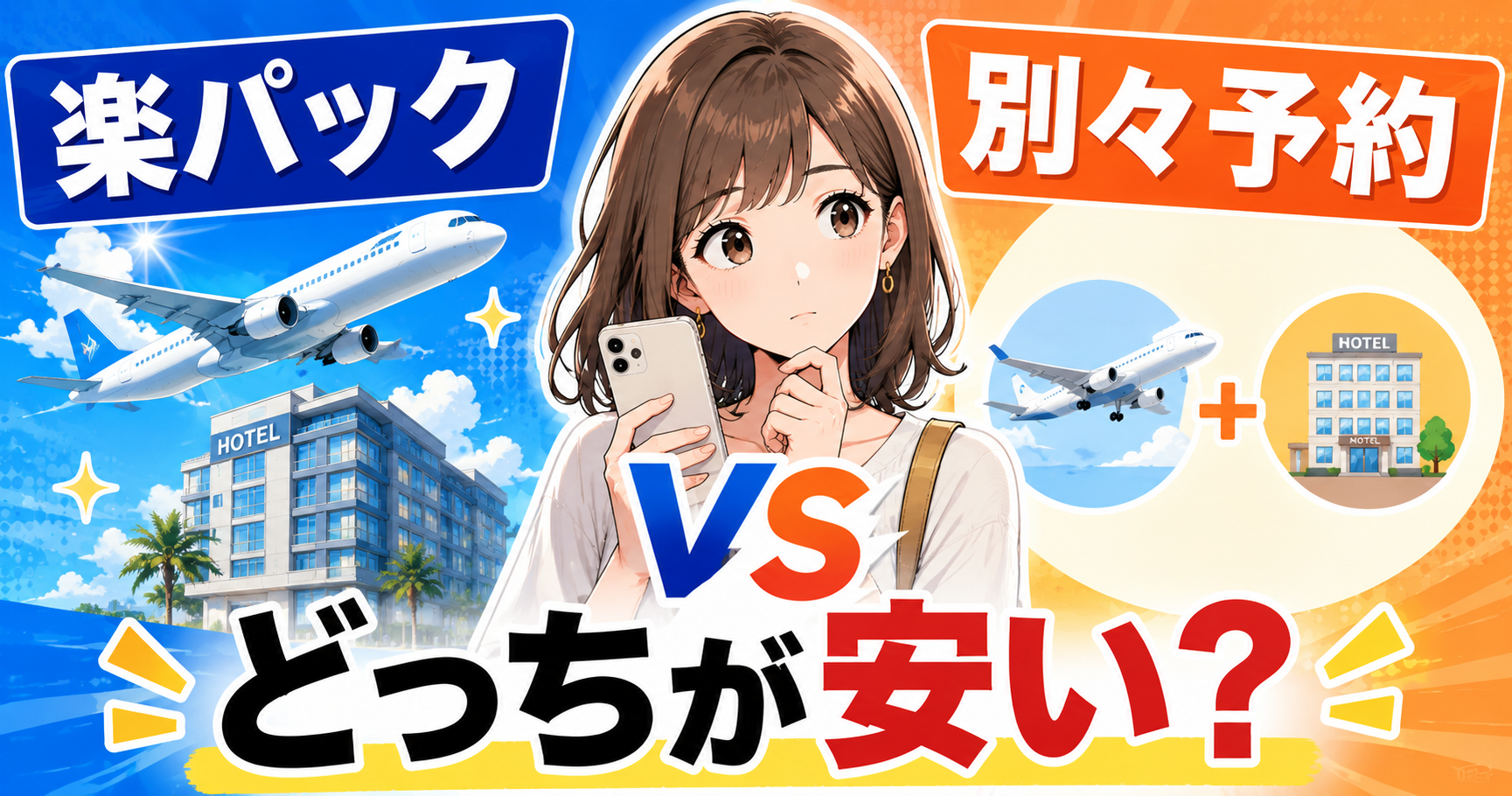 楽パックと航空券・ホテルの別々予約はどっちが安いか比較する女性