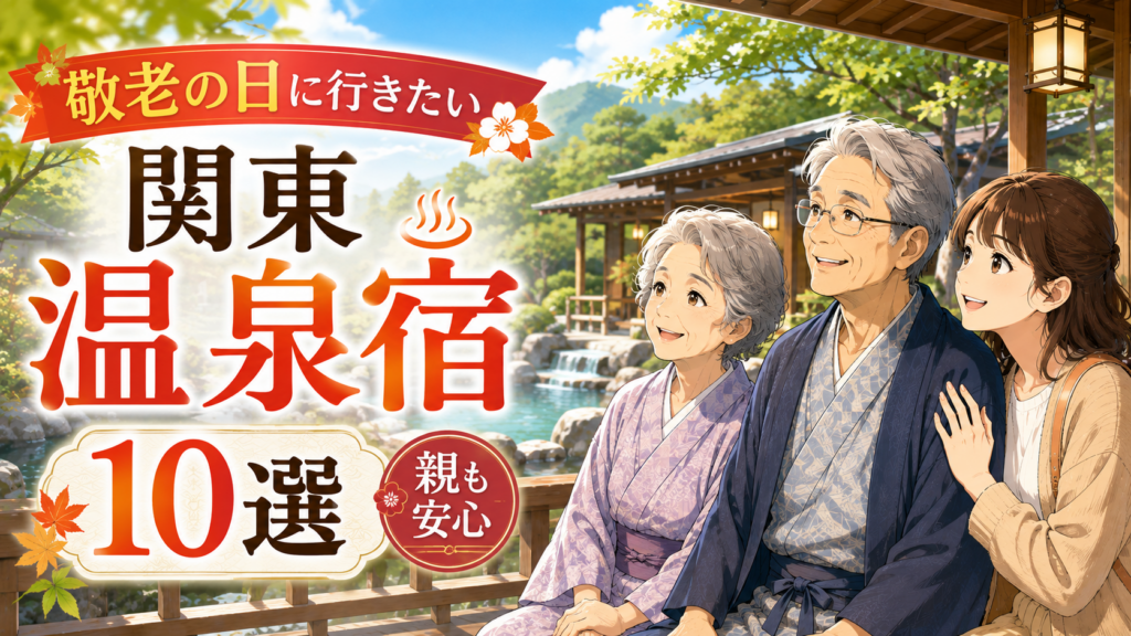 敬老の日におすすめの関東温泉宿10選を紹介するアイキャッチ画像。高齢の夫婦と娘が温泉旅館で旅行を楽しむ様子