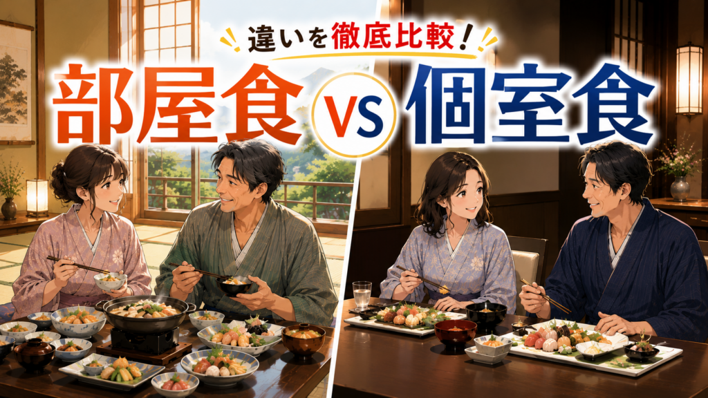 旅館の部屋食と個室食の違いを比較するイメージ