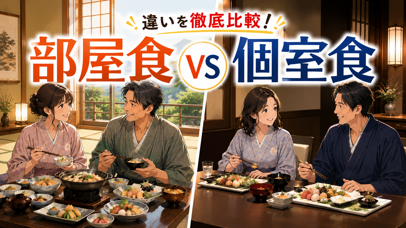 旅館の部屋食と個室食の違いを比較するイメージ