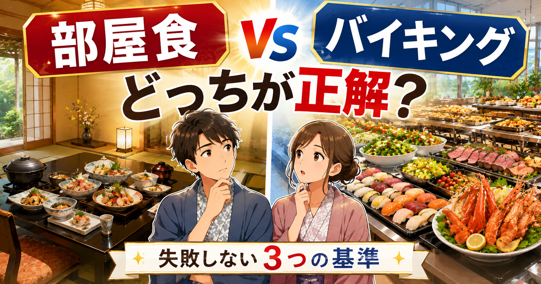 部屋食とバイキングはどっちが正解か比較する温泉旅行のイメージ