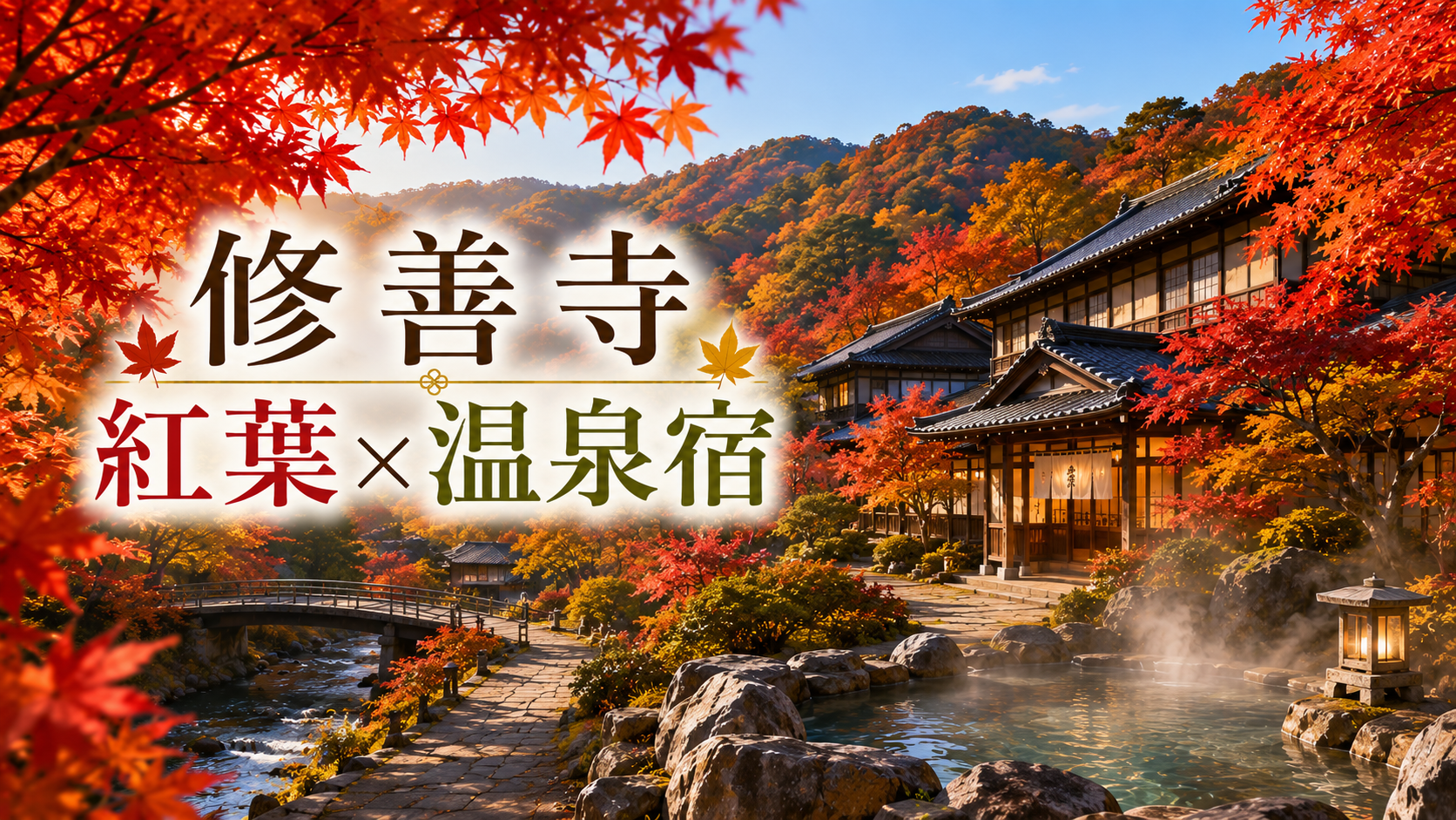 修善寺の紅葉と温泉宿をイメージした秋の風景