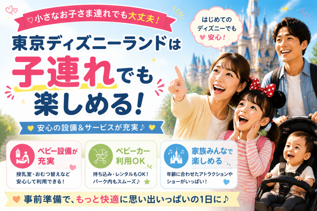 東京ディズニーランドは子連れでも楽しめるポイントを、ベビー設備やベビーカー、家族向けアトラクションとあわせて紹介する画像