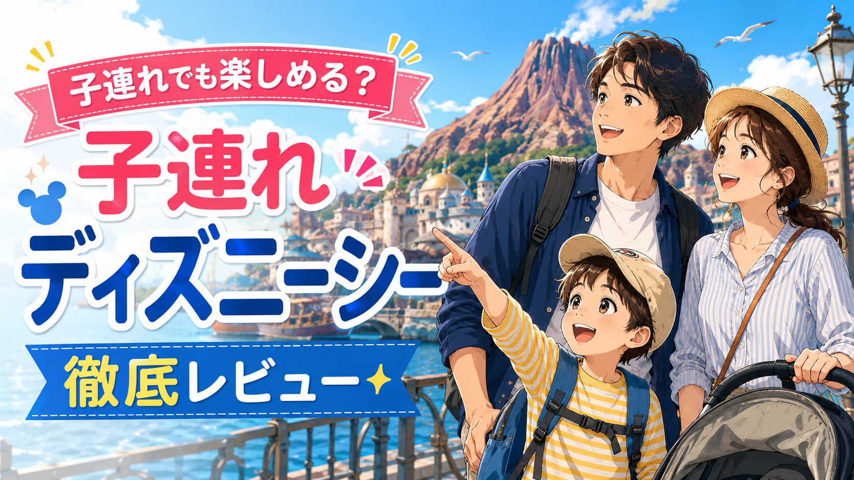 子連れで東京ディズニーシーを楽しむ家族を描いた総合レビュー記事のアイキャッチ