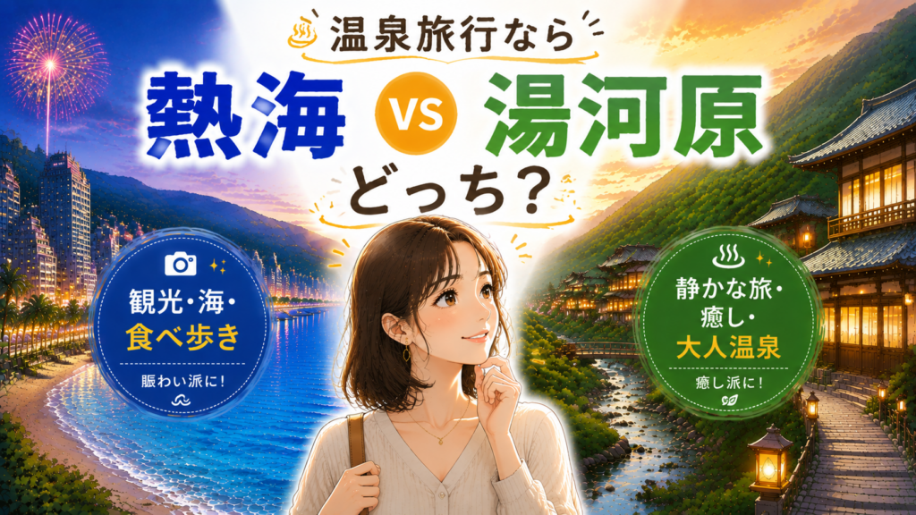 湯河原温泉と熱海温泉の違いを比較する旅行女性のイラスト