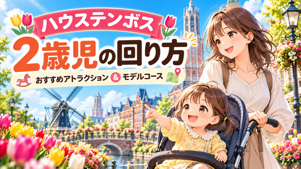 ハウステンボスでベビーカーに乗った2歳児と母親が、花畑やヨーロッパ風の街並みを楽しむイラスト