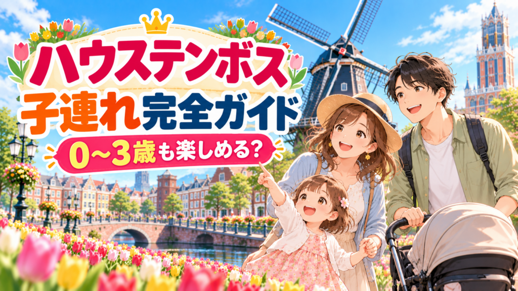 ハウステンボスの風車と花畑を背景に、ベビーカーを押しながら子連れ旅行を楽しむ家族のイラスト