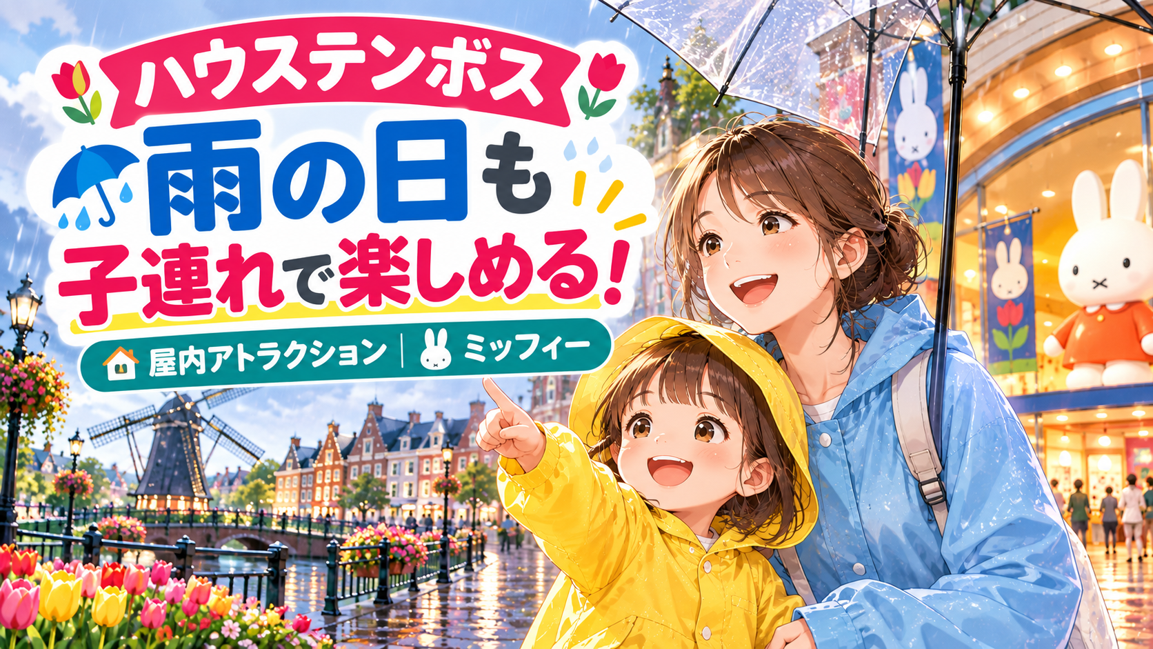 雨の日のハウステンボスでレインコートを着た親子が楽しむイラスト。背景にはミッフィーの屋内施設とヨーロッパ風の街並み