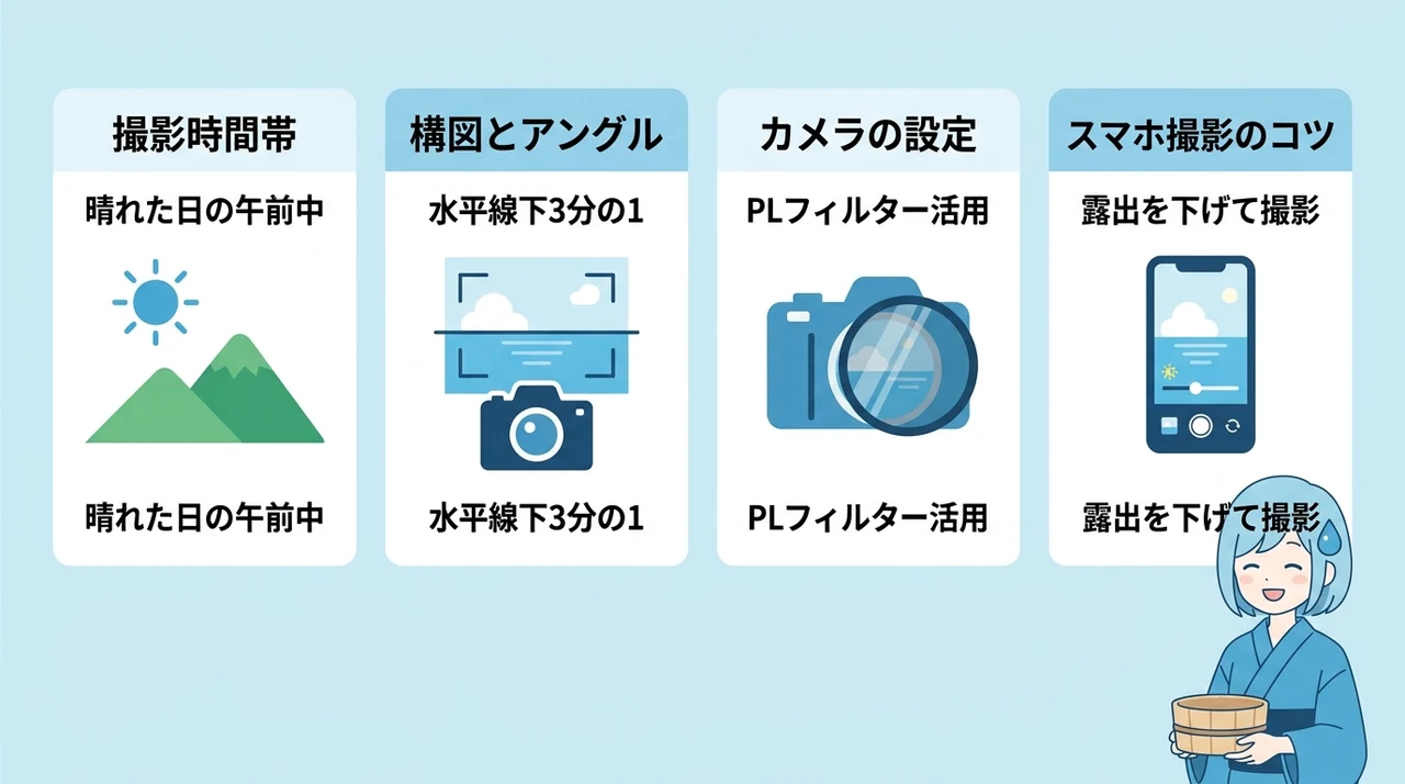 四万ブルーを美しく撮る撮影ポイントとカメラ設定