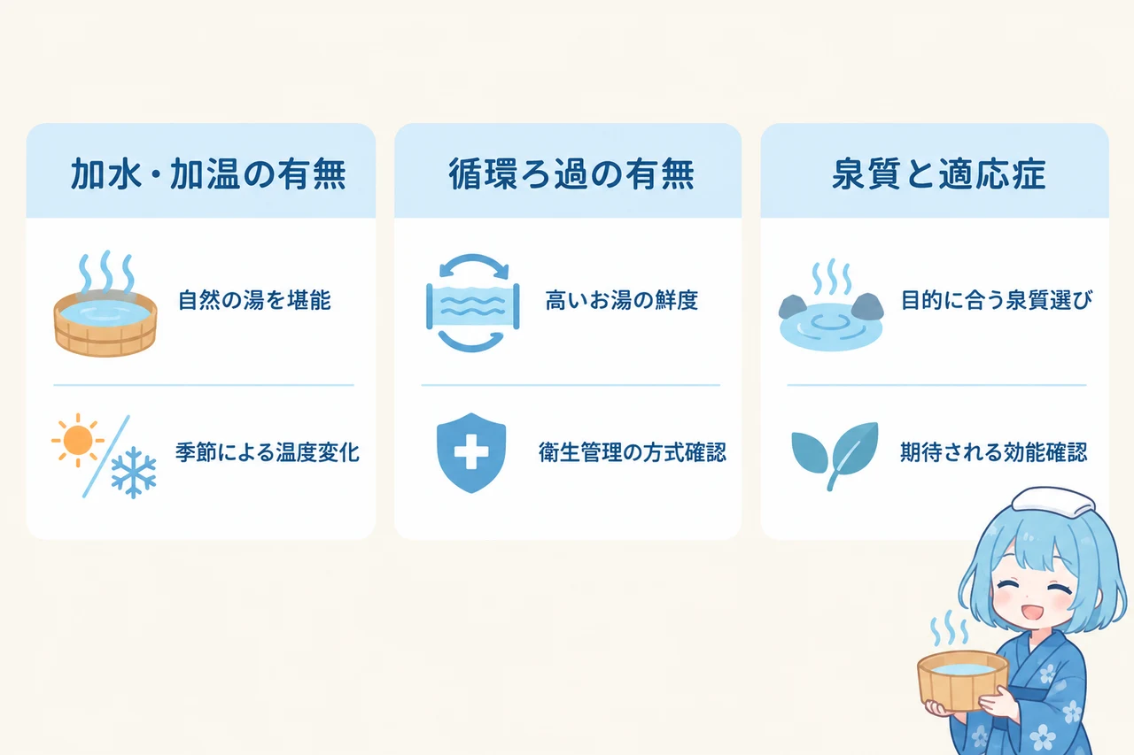源泉かけ流し宿を選ぶ際に確認すべき3つのポイント