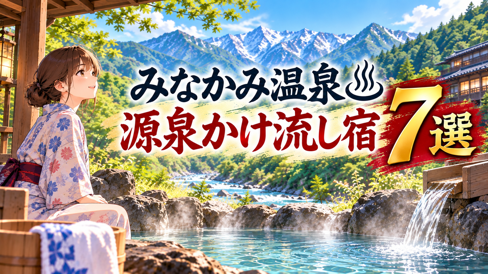 みなかみ温泉の源泉かけ流し宿7選を紹介するアイキャッチ画像。露天風呂と温泉宿、山々を背景に浴衣姿の女性を描いたイラスト