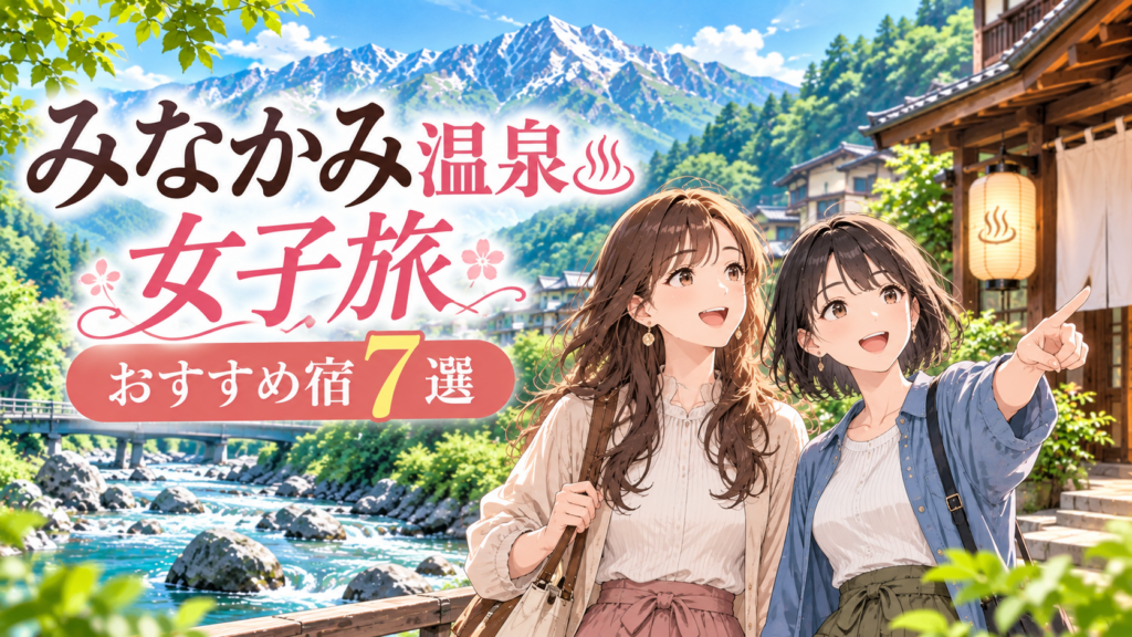 みなかみ温泉の女子旅を楽しむ女性2人と温泉街・山・清流のイラスト｜おすすめ宿7選
