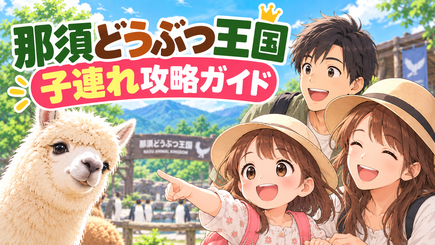 那須どうぶつ王国を子連れで楽しむ家族とアルパカのイラスト