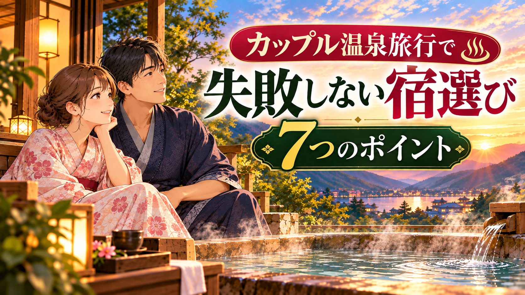 カップル温泉旅行で失敗しない宿選び7つのポイントを紹介するアイキャッチ。浴衣姿の二人と客室露天風呂を描いたイラスト
