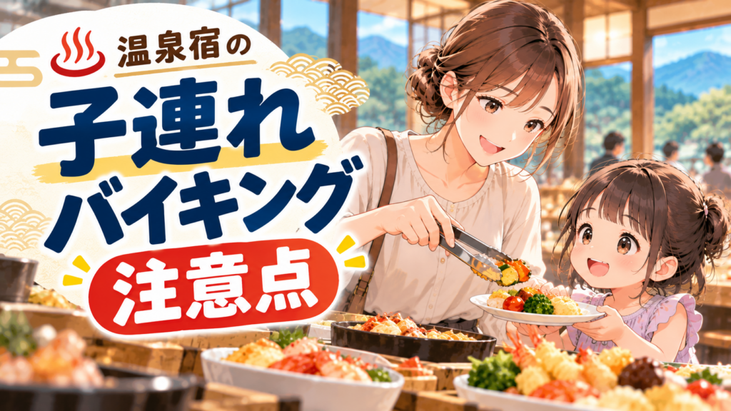 温泉宿のバイキングで母親が子どもの皿に料理を取り分けるイラスト。子連れバイキングの注意点を紹介