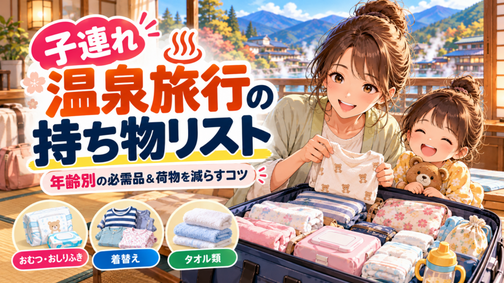 子連れ温泉旅行の持ち物をスーツケースに準備する母親と子どものイラスト。おむつ・着替え・タオルなどの必需品を紹介