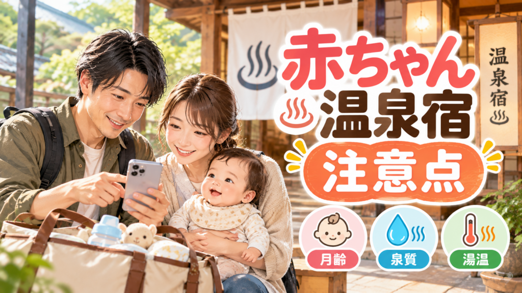 赤ちゃん連れで温泉宿の注意点を確認する家族のアイキャッチ画像