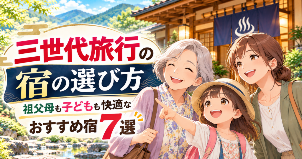 祖母・母親・子どもの三世代が温泉旅館の前で笑顔を見せる、三世代旅行の宿の選び方とおすすめ宿7選のイラスト