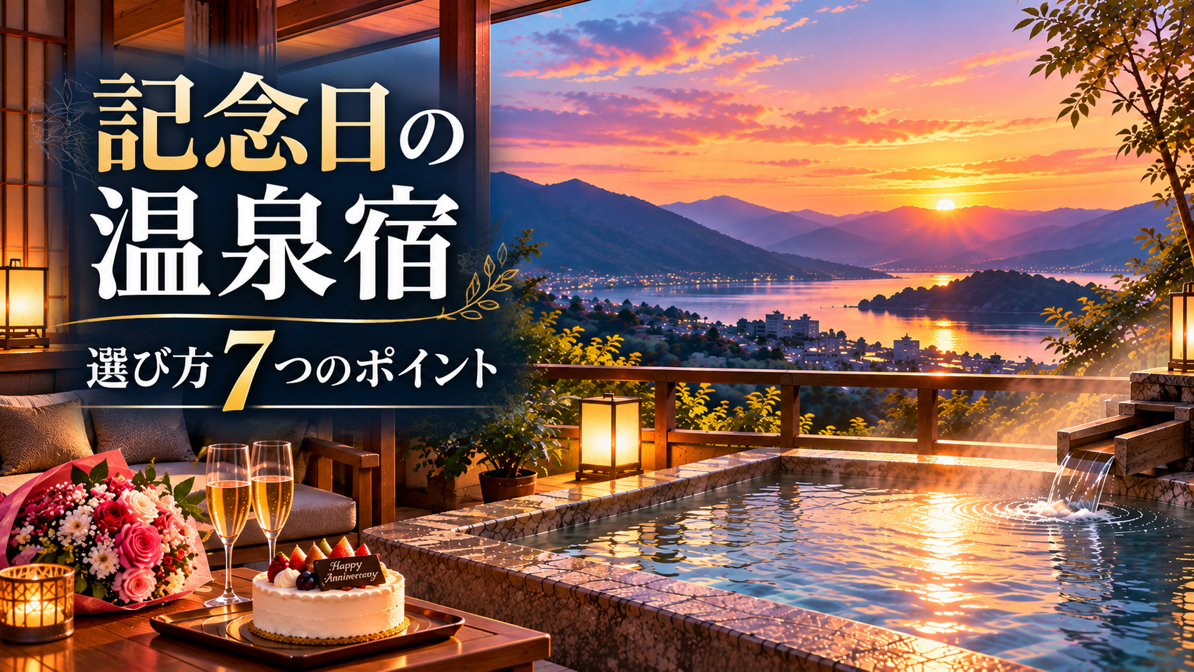 記念日の温泉宿の選び方7つのポイントを紹介するアイキャッチ画像。夕日に染まる山と湖を望む客室露天風呂に、花束や記念日ケーキが飾られた高級旅館のイラスト