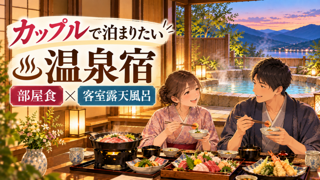 客室露天風呂付き温泉宿で、浴衣姿のカップルが部屋食の会席料理を楽しむイラスト