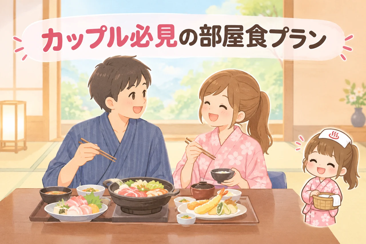 カップルにおすすめの部屋食プランの特徴のイメージ画像（金目鯛の煮付け・山形牛のすき焼き・ホールケーキ）
