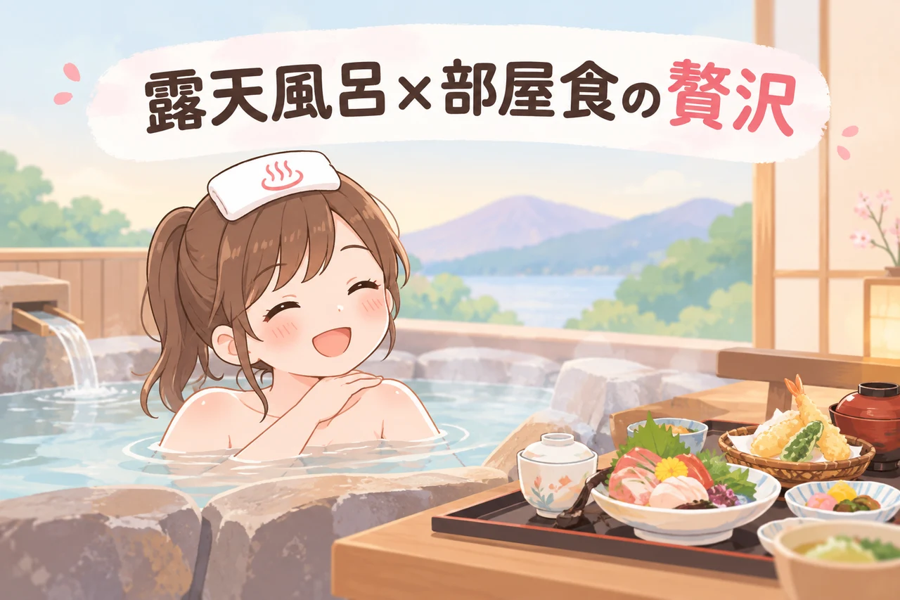 露天風呂付き客室で部屋食を楽しむメリットのイメージ画像（周囲を気にせず入浴できる・食事中も二人きりで過ごせる・記念日のサプライズがしやすい）