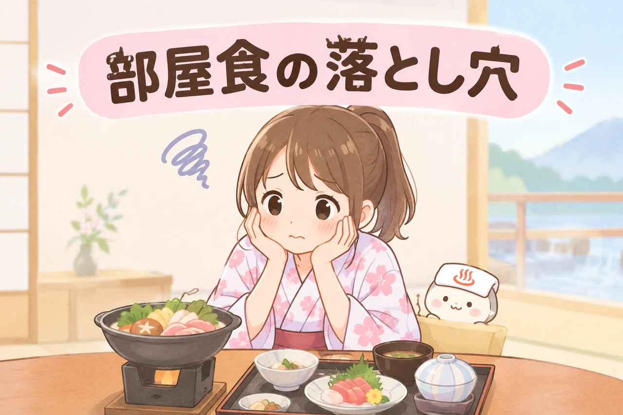 カップル向け温泉宿で部屋食を選ぶ際のデメリットのイメージ画像（料金が高めになりやすい・部屋食の人数制限がある・配膳のタイミングが読めない）