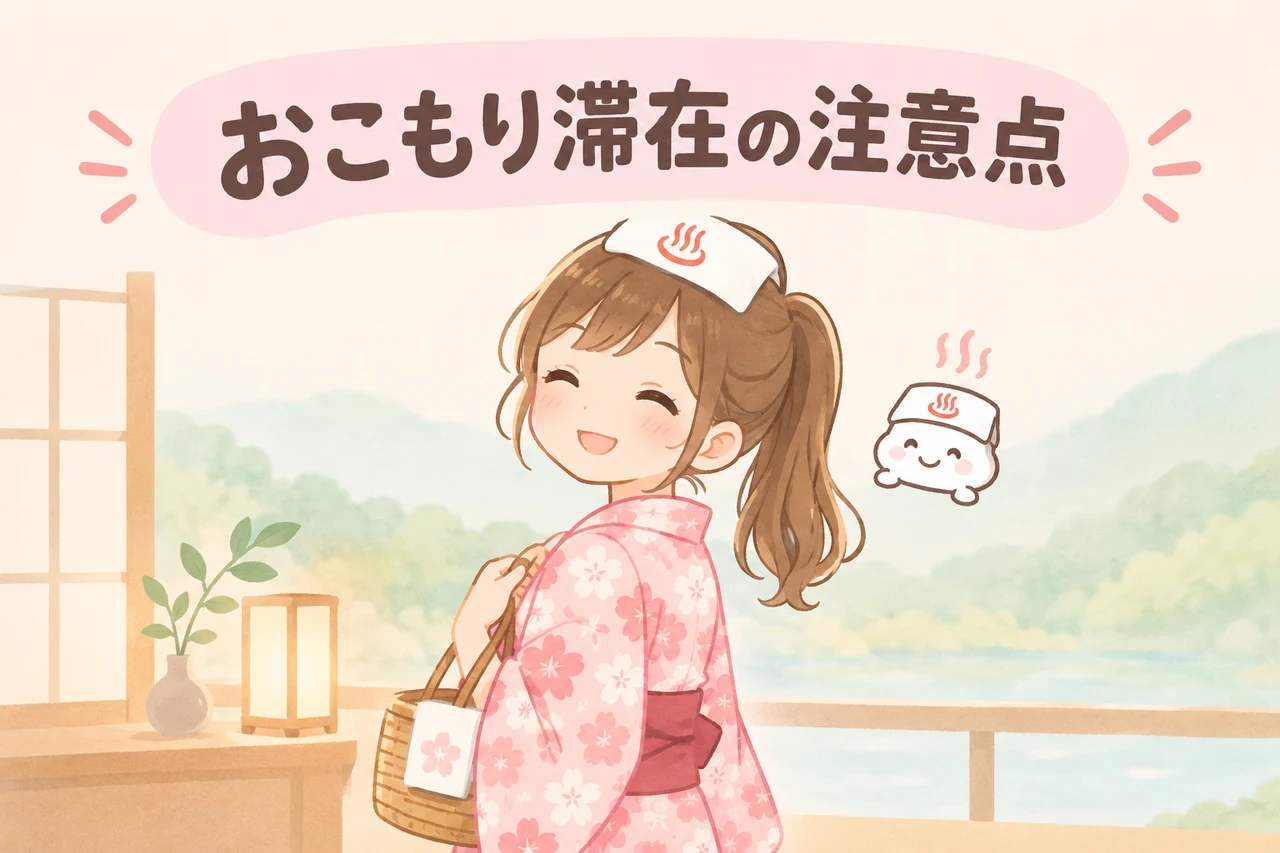 おこもり滞在を楽しむための注意点のイメージ画像（チェックイン時間を確認する・食事の提供時間を事前に相談する・客室露天風呂の温度設定を確認する）
