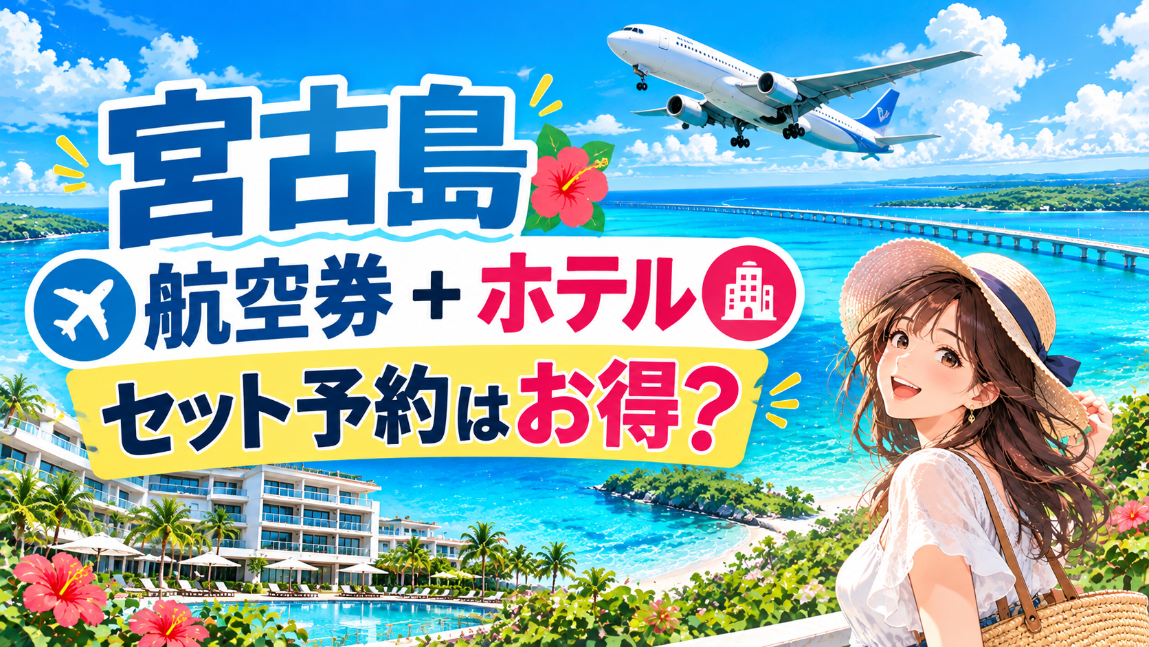 宮古島の航空券とホテルのセット予約・料金相場を紹介するアイキャッチ画像。青い海と飛行機、リゾートホテル、女性のイラスト