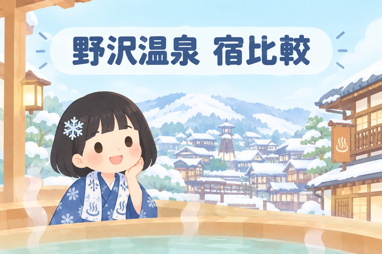 野沢温泉の人気宿を目的別に比較のイメージ画像（スキー目的で選ぶなら・外湯巡りを楽しむなら・子連れ・家族旅行なら）